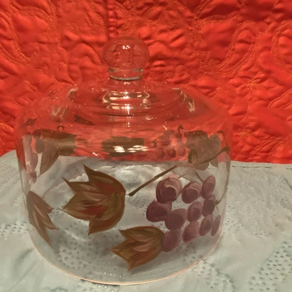 Vintage Clear Glass Round Cheese/butter Cloche Hand‎ Painted Grape Design